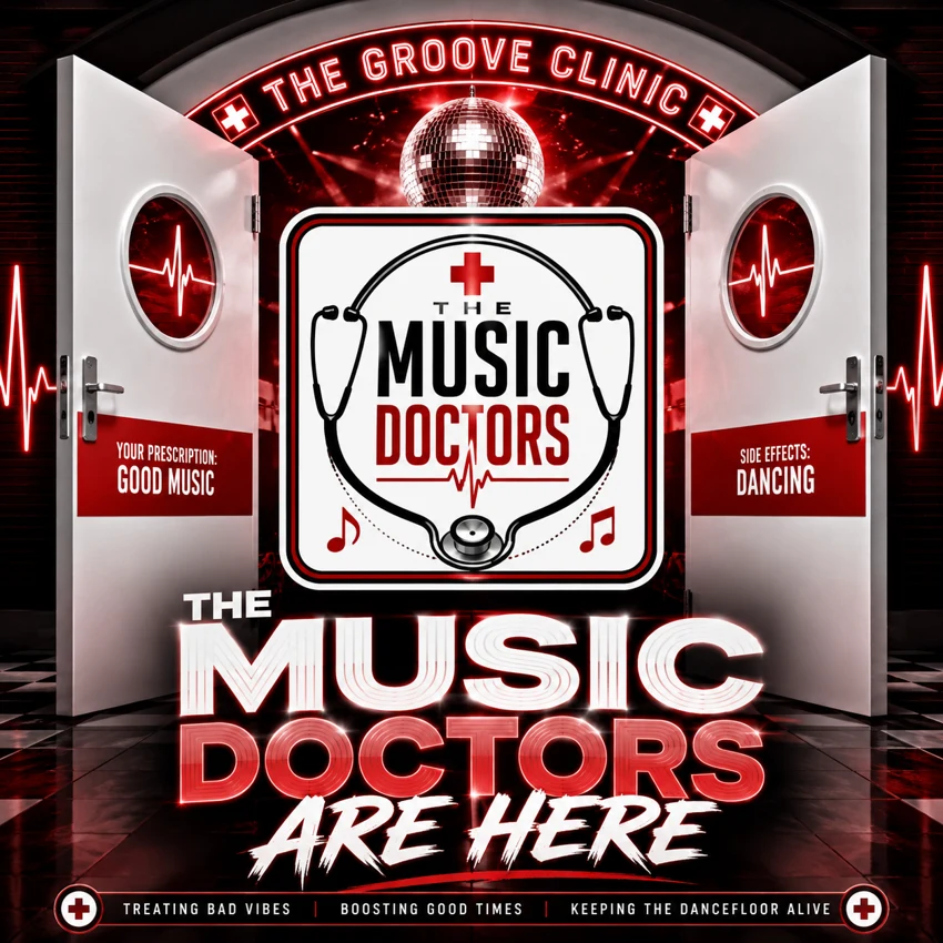 The Groove Clinic: open deuren, rood neon en het logo van The Music Doctors
