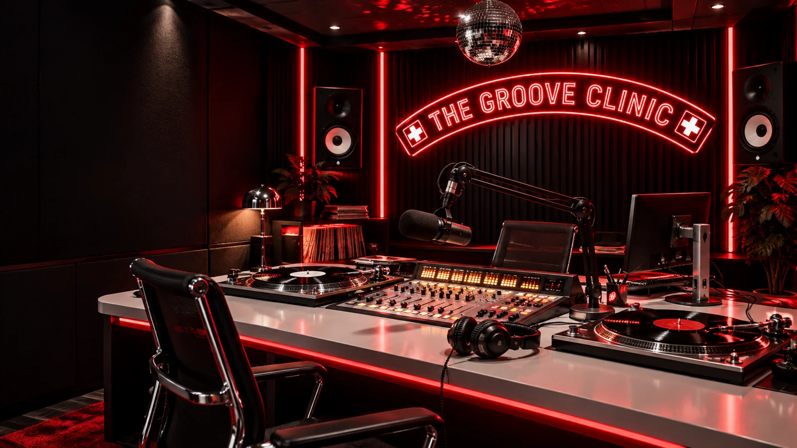 Sfeerbeeld van een lege radiostudio met rood neon, draaitafels en een mengtafel