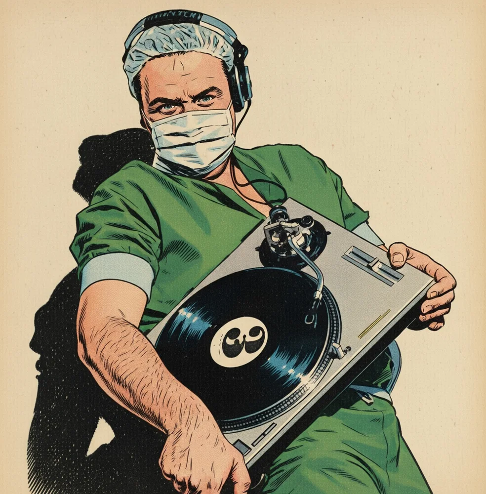 Illustratie van Music Doctor René met een draaitafel